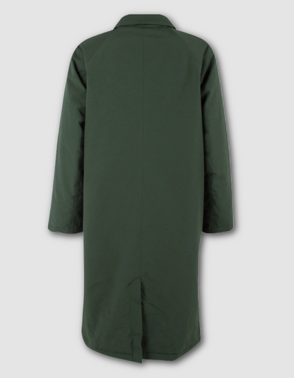 A dark forest green long coat shown from the back, photographed against a light gray studio background.