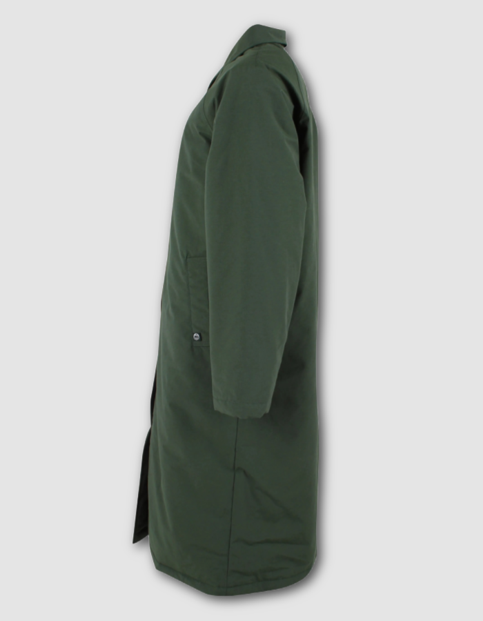 A dark green mid-length coat shown in side profile against a light gray background.