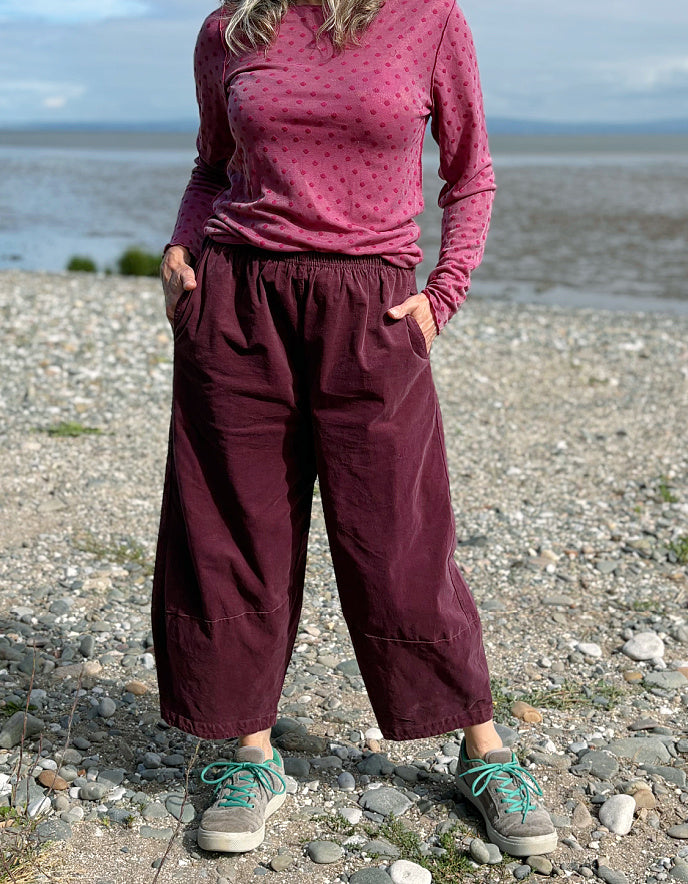 burgundy corduroy lantern pants and pink polka dot top