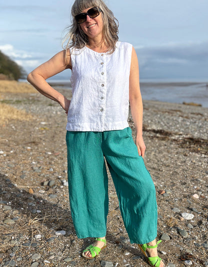 teal linen lantern trousers