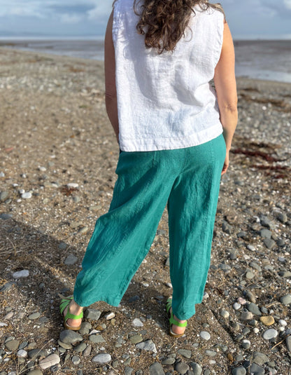 teal linen lantern trousers