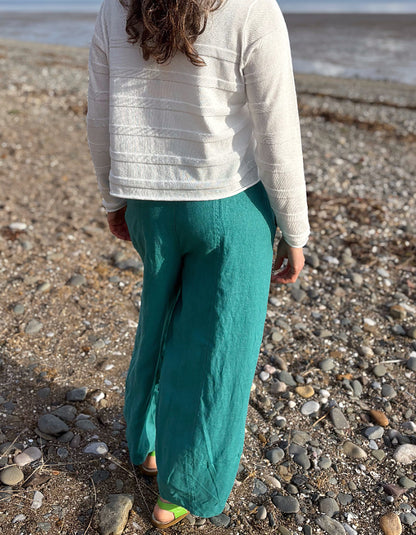 teal linen lantern trousers
