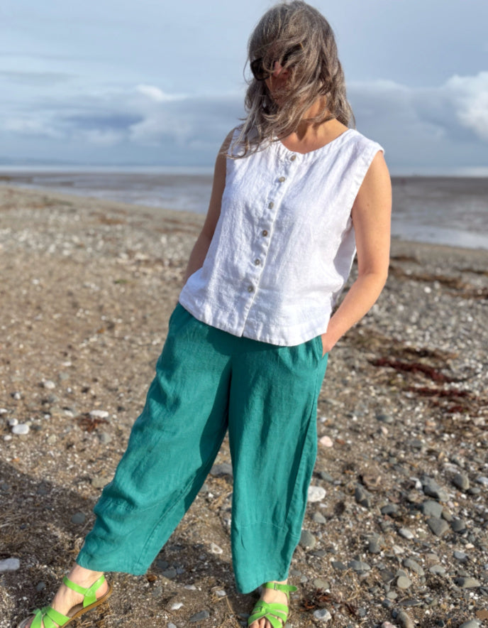 teal linen lantern trousers