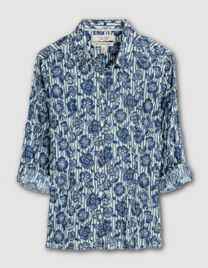 Blue floral patterned shirt on a light gray background