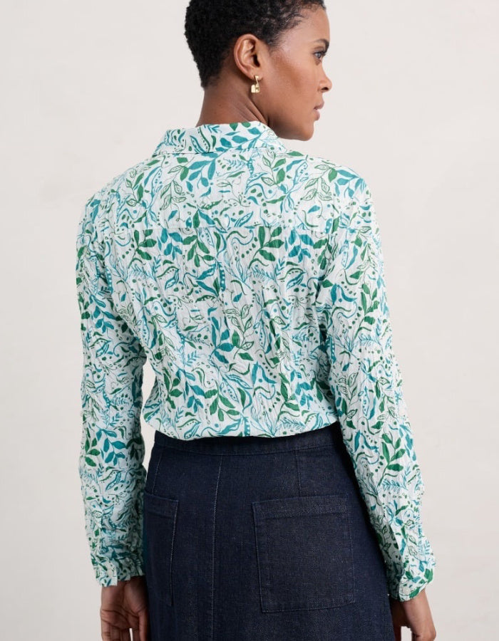 cotton crinkle shirt with green pea floral print