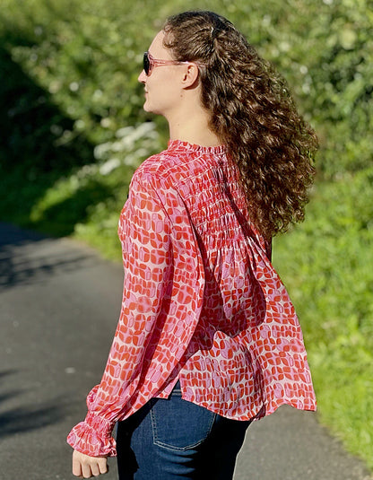 pink geo print shirred blouse