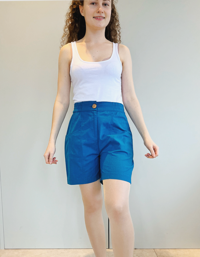 teal blue linen shorts