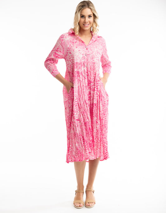pink and white cotton crinkle midi length shirt dress with collar and button front and 3/4 length sleeve