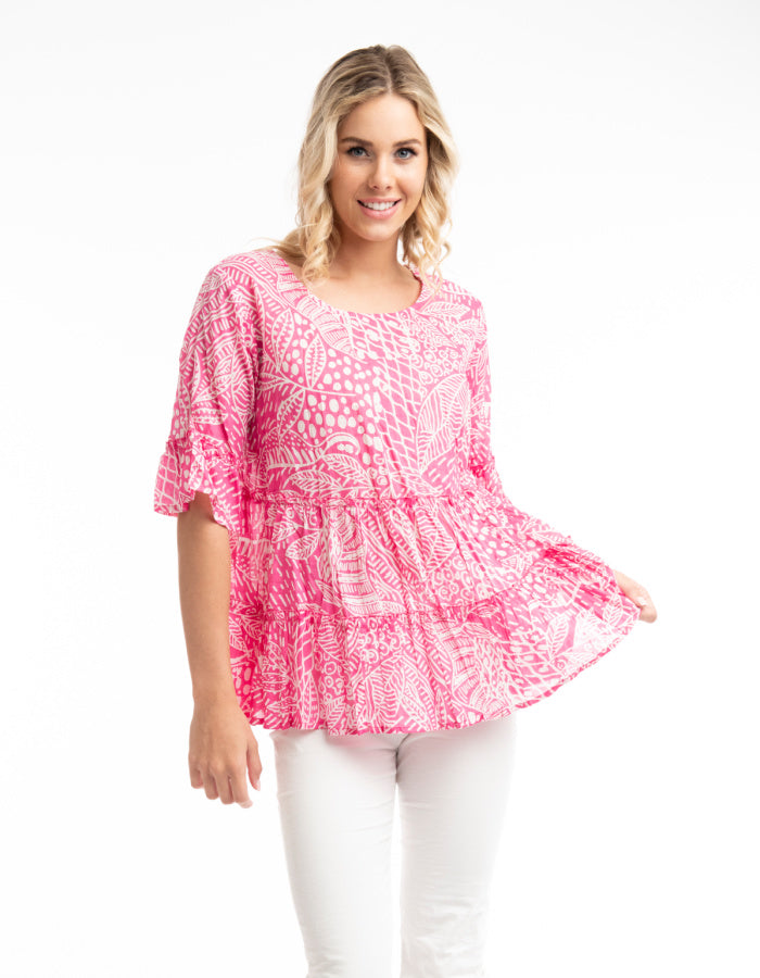 pink and white print cotton summer top with 3/4 sleeves and tiered frills A-line shape