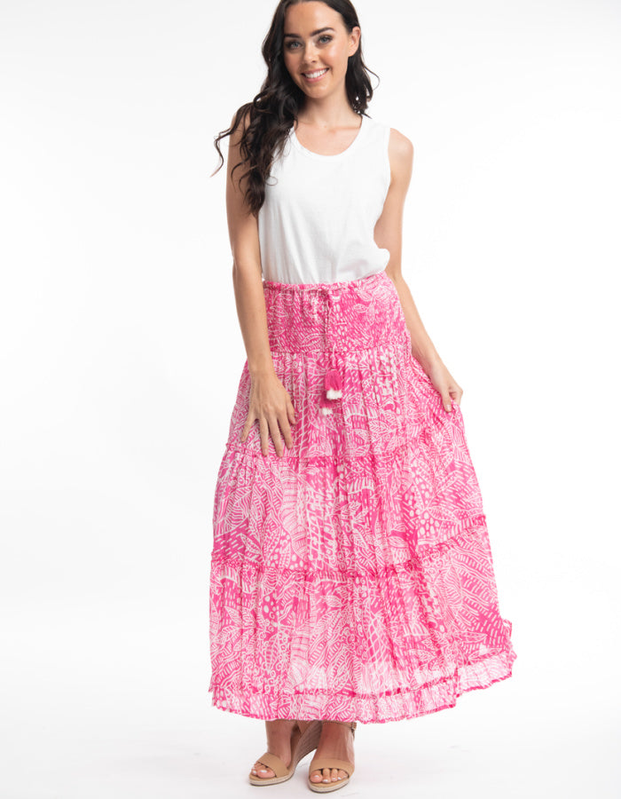 pink and white crinkle cotton maxi skirt with deep smocked elasticated waistband and toggle ties 