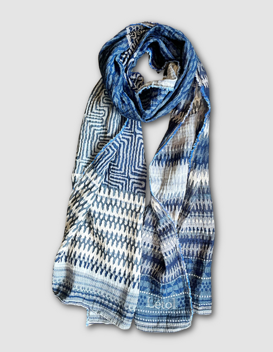 reversible jacquard scarf in denim blues made from organic cotton