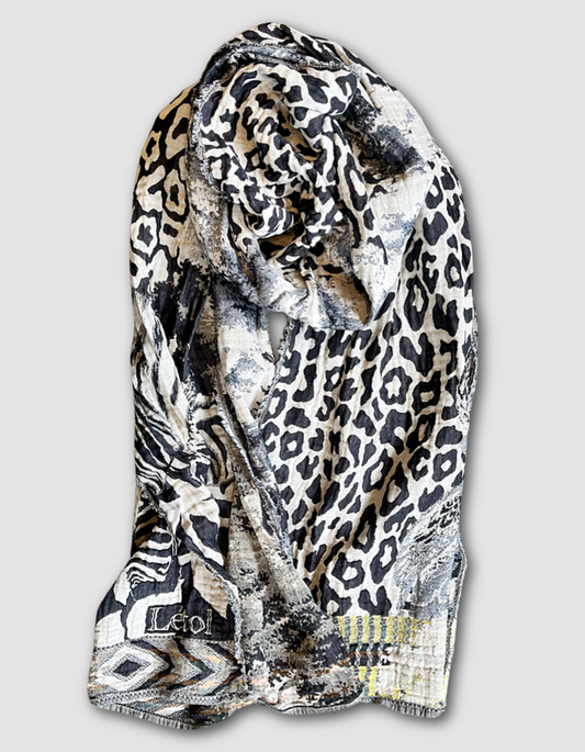 black and grey reversible animal print jacquard scarf made from organic cotton