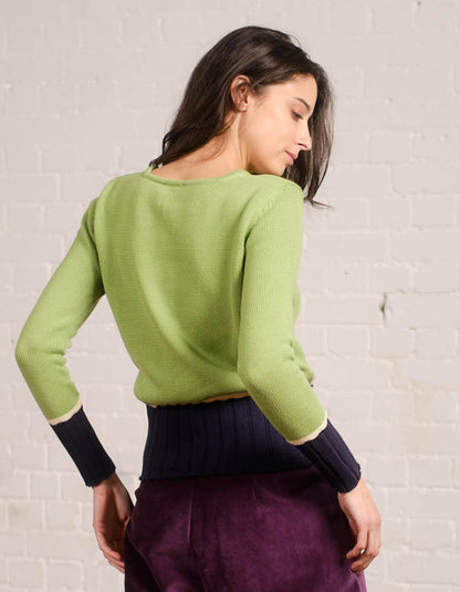 lime and navy cotton sweater with deep ribbed hem