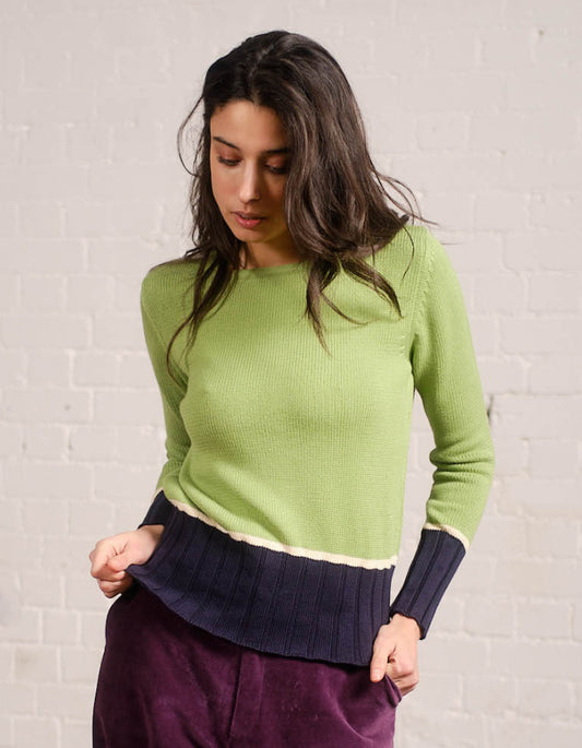 lime and navy cotton sweater with deep ribbed hem