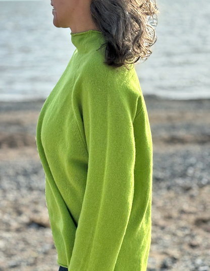 A woman in profile wearing a bright lime green mock-neck sweater, standing outdoors on a pebble beach with water in the background.