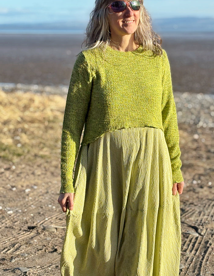 cropped lime green cotton summer sweater to wear over a dress or with high waist trousers