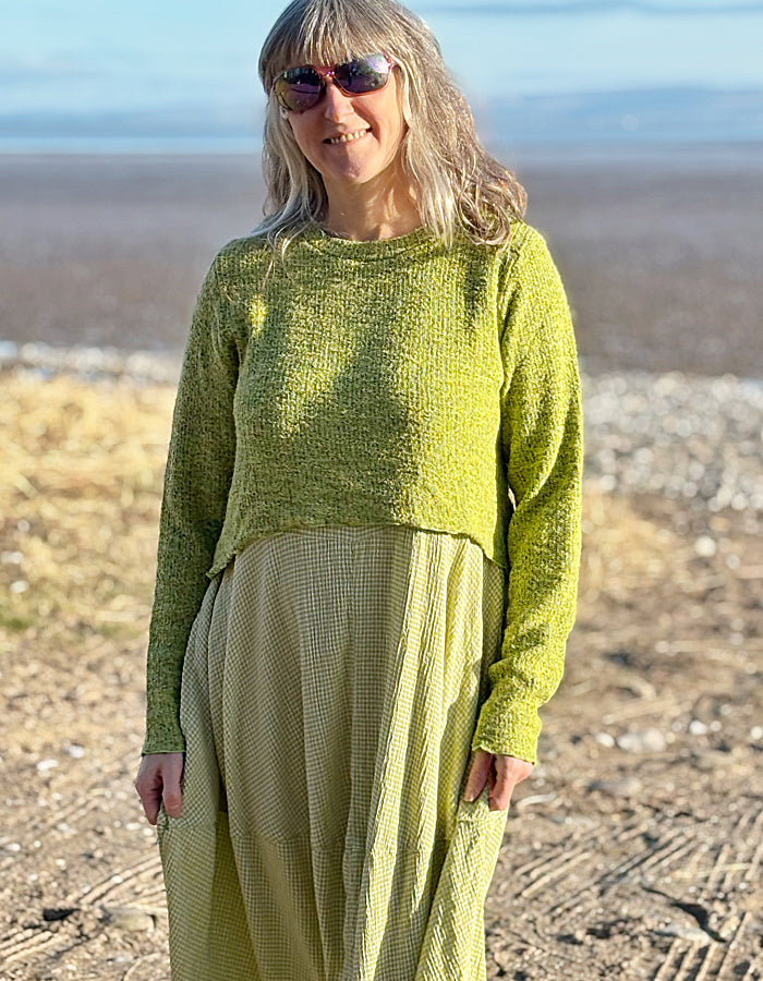 cropped lime green cotton summer sweater to wear over a dress or with high waist trousers