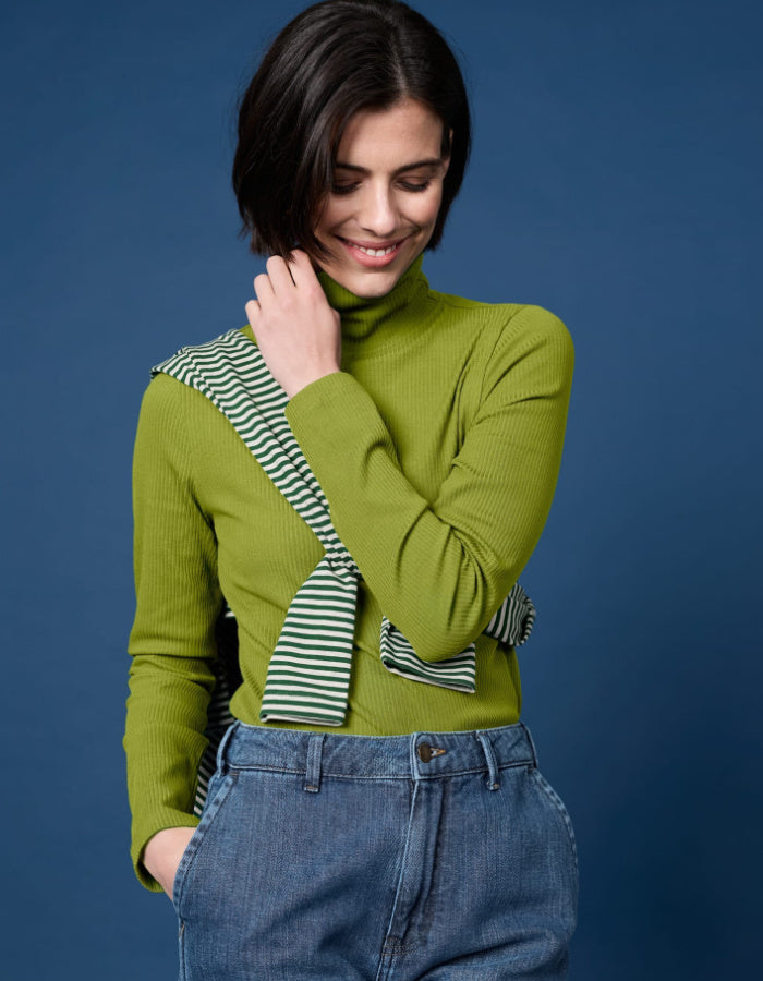 long sleeve cotton t shirt in lime with ribbed texture and turtle neckline