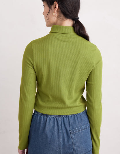 long sleeve cotton t shirt in lime with ribbed texture and turtle neckline