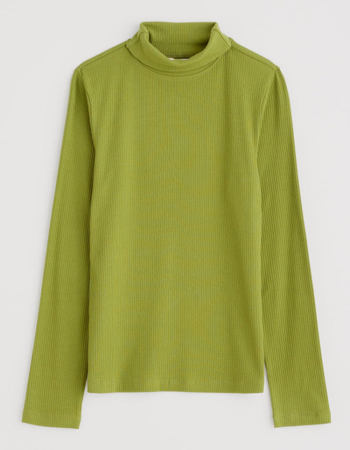 long sleeve cotton t shirt in lime with ribbed texture and turtle neckline