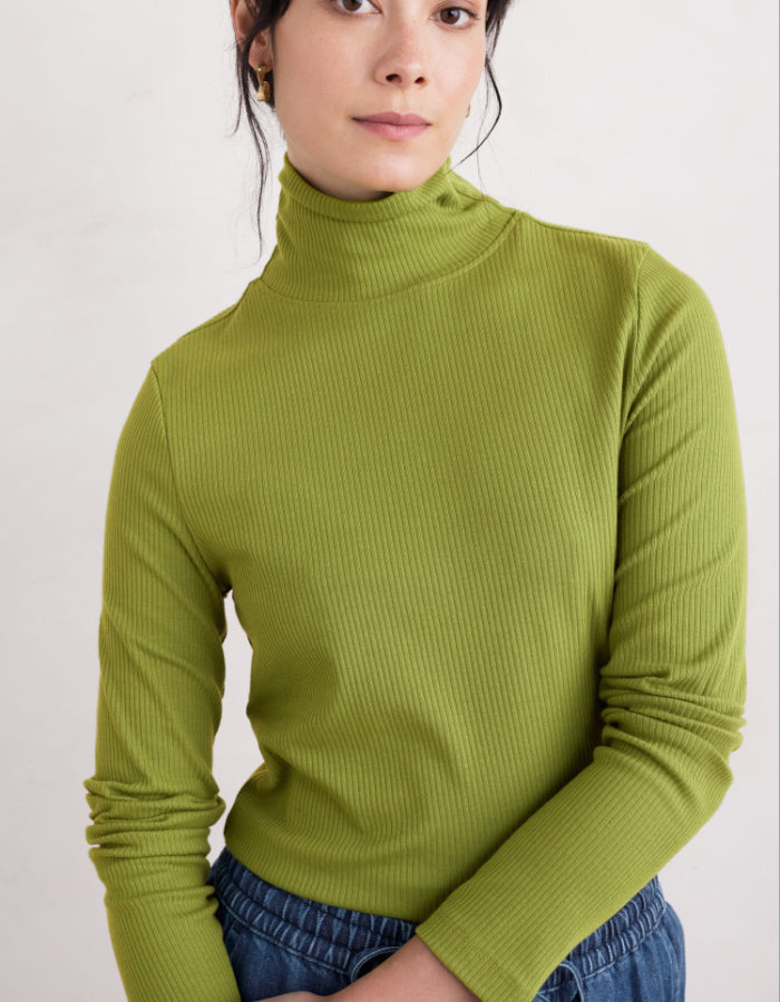 long sleeve cotton t shirt in lime with ribbed texture and turtle neckline