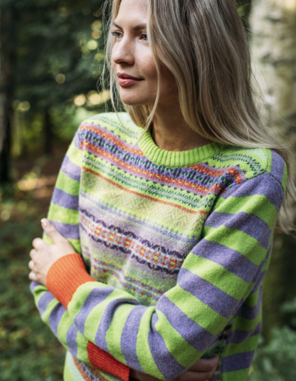 fair isle and striped merino lambswool sweater in lime and purple