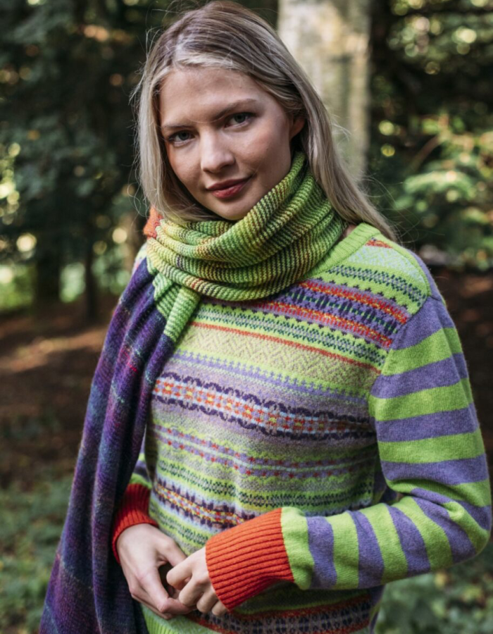 fair isle and striped merino lambswool sweater in lime and purple