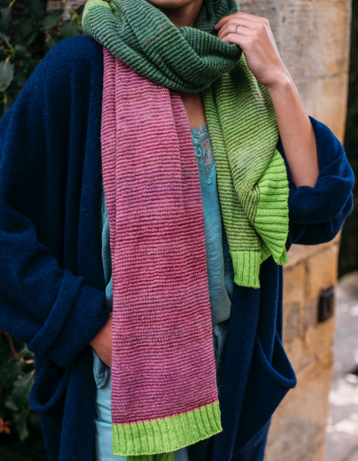 lightweight wool wrap scarf with block colour stripes in lime green and pink