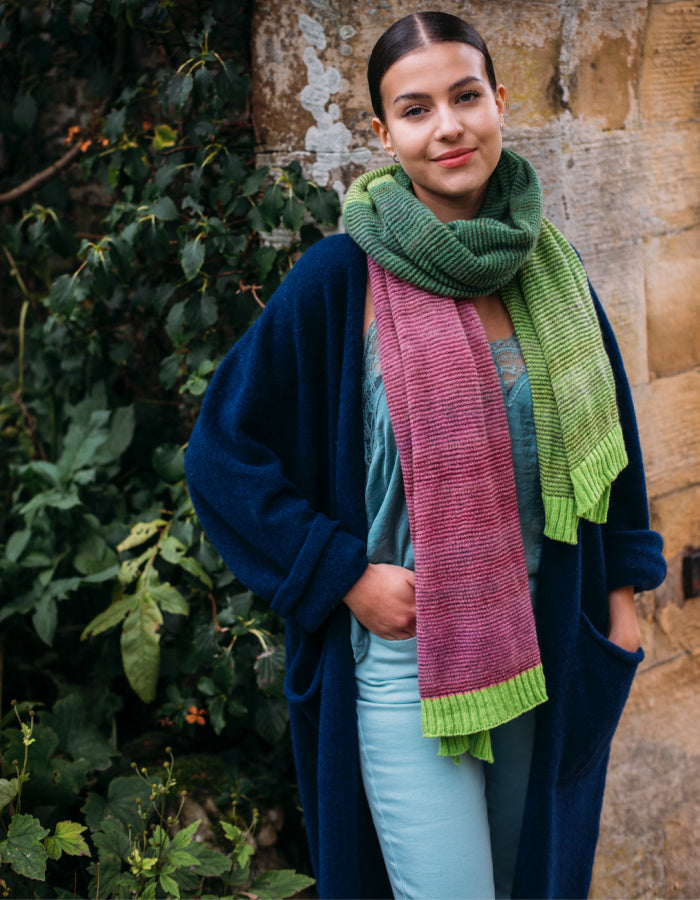 lightweight wool wrap scarf with block colour stripes in lime green and pink