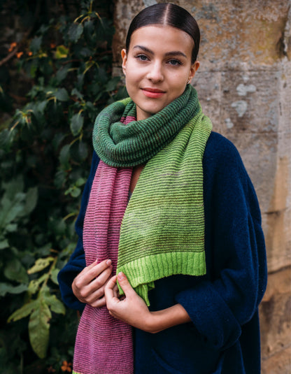 lightweight wool wrap scarf with block colour stripes in lime green and pink