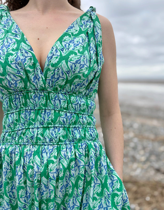 green floral sleeveless fit and flare cotton midi dress