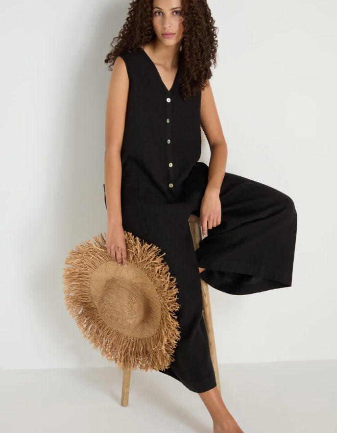 woman wearing loose fit black linen jumpsuit