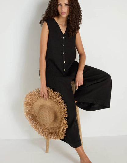 woman wearing loose fit black linen jumpsuit