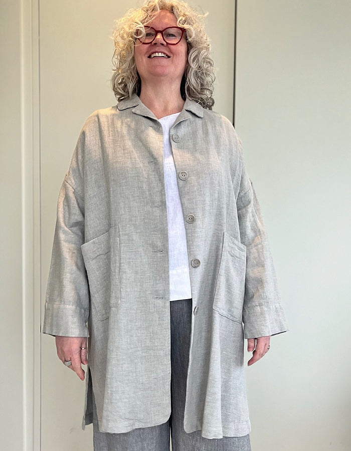 linen duster coat with textured weave in soft silver grey, loose fit and swing shape