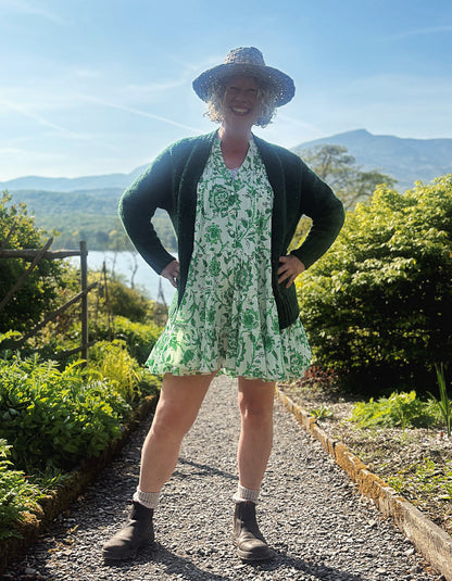 short flared summer dress in green and white floral cotton, perfect over capris or leggings or over a swimsuit