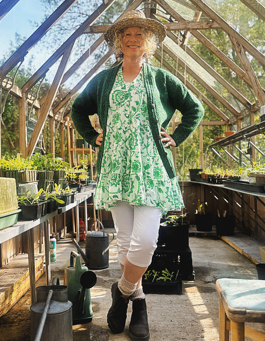 short flared summer dress in green and white floral cotton, perfect over capris or leggings or over a swimsuit