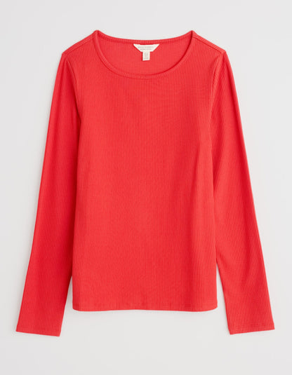 long sleeve cotton t shirt in red with ribbed texture and round neckline