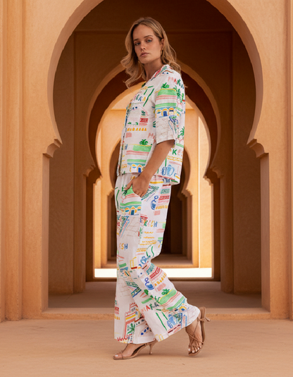 white linen shirt with colourful Marrakesh design