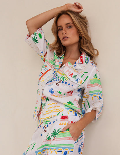 white linen shirt with colourful Marrakesh design