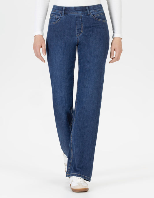 Blue straight leg jeans with elasticated waist worn by a person on a white background
