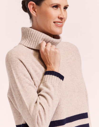 See Saw Button Back Rollneck in Wheat & Navy Stripe