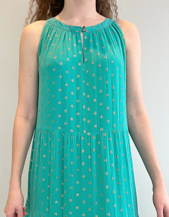 aqua viscose georgette layered maxi dress with halter style sleeveless neckline and gold metallic dots in the fabric
