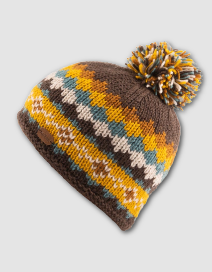winter bobble hat in brown yellow and turquoise