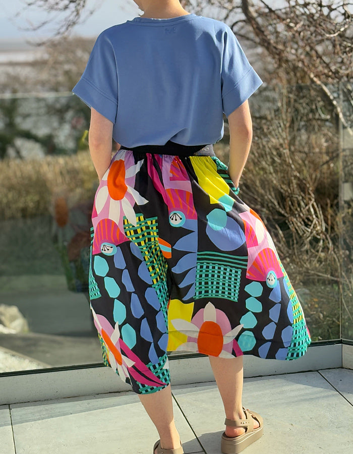 cotton circle skirt in bright graphic floral print and pocket, elasticated waistband