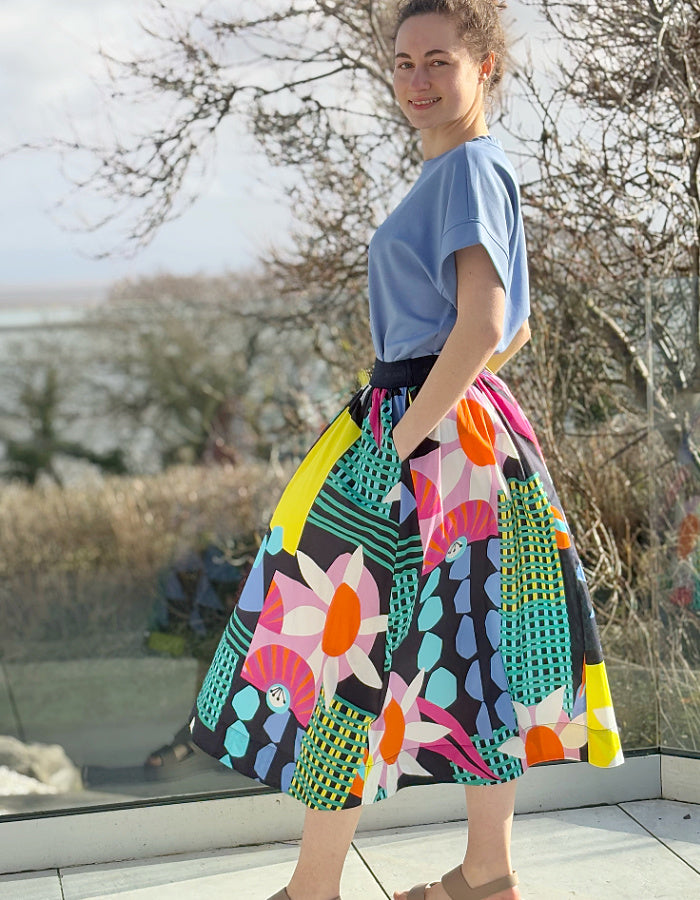 cotton circle skirt in bright graphic floral print and pocket, elasticated waistband