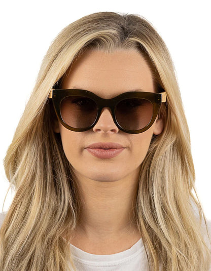 A close-up of a woman with blonde hair wearing dark brown cat-eye sunglasses with wooden arms, set against a plain white background.