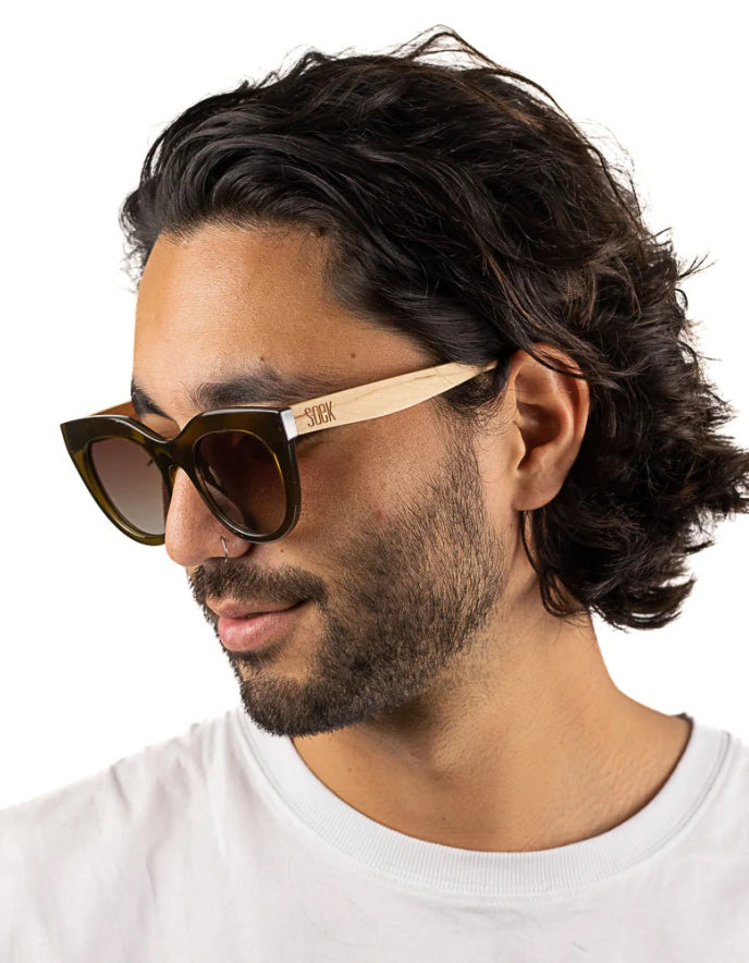 A man with dark hair and a beard wearing cat-eye sunglasses with dark brown frames and light wood temples, shown in a close-up profile against a white background.