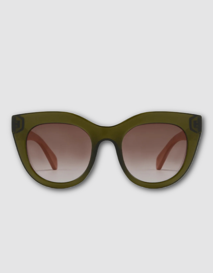 Olive green cat-eye sunglasses with brown gradient lenses, shown from the front on a light gray background.