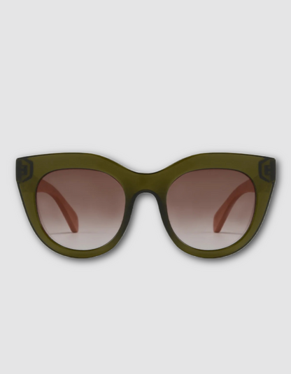 Olive green cat-eye sunglasses with brown gradient lenses, shown from the front on a light gray background.