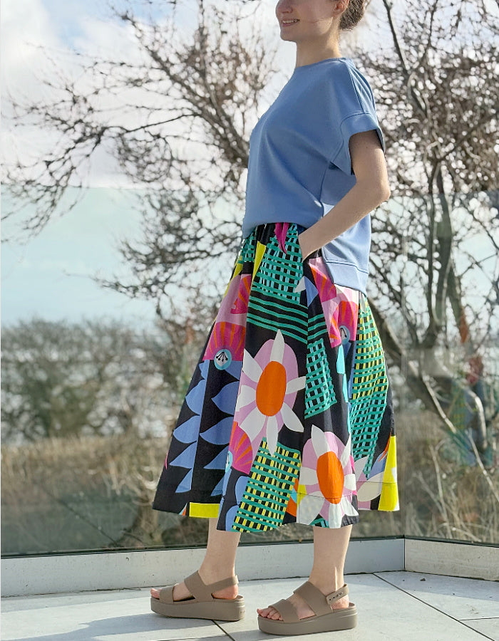 cotton circle skirt in bright graphic floral print and pocket, elasticated waistband